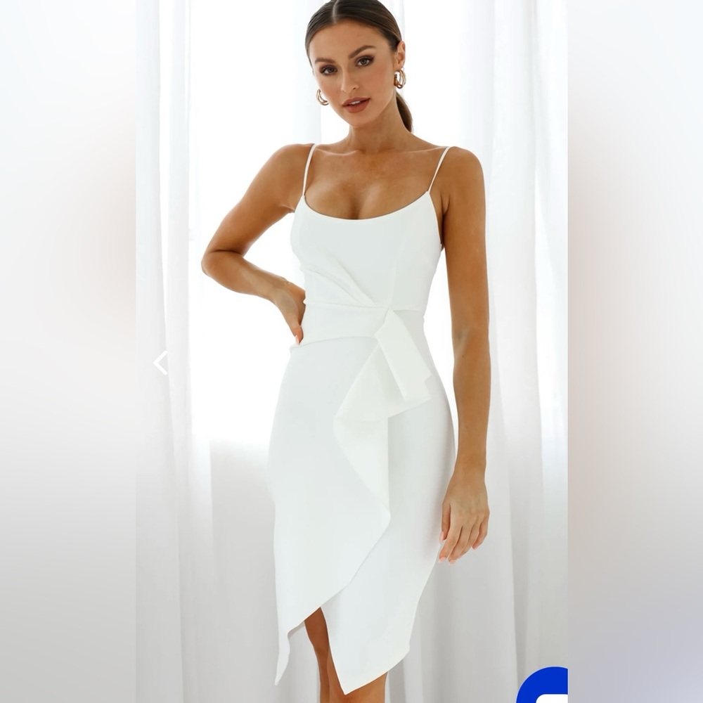 SELFIE LESLIE TESLA CAMI STRAP ASYMMETRICAL KNEE LENGTH DRESS WHITE